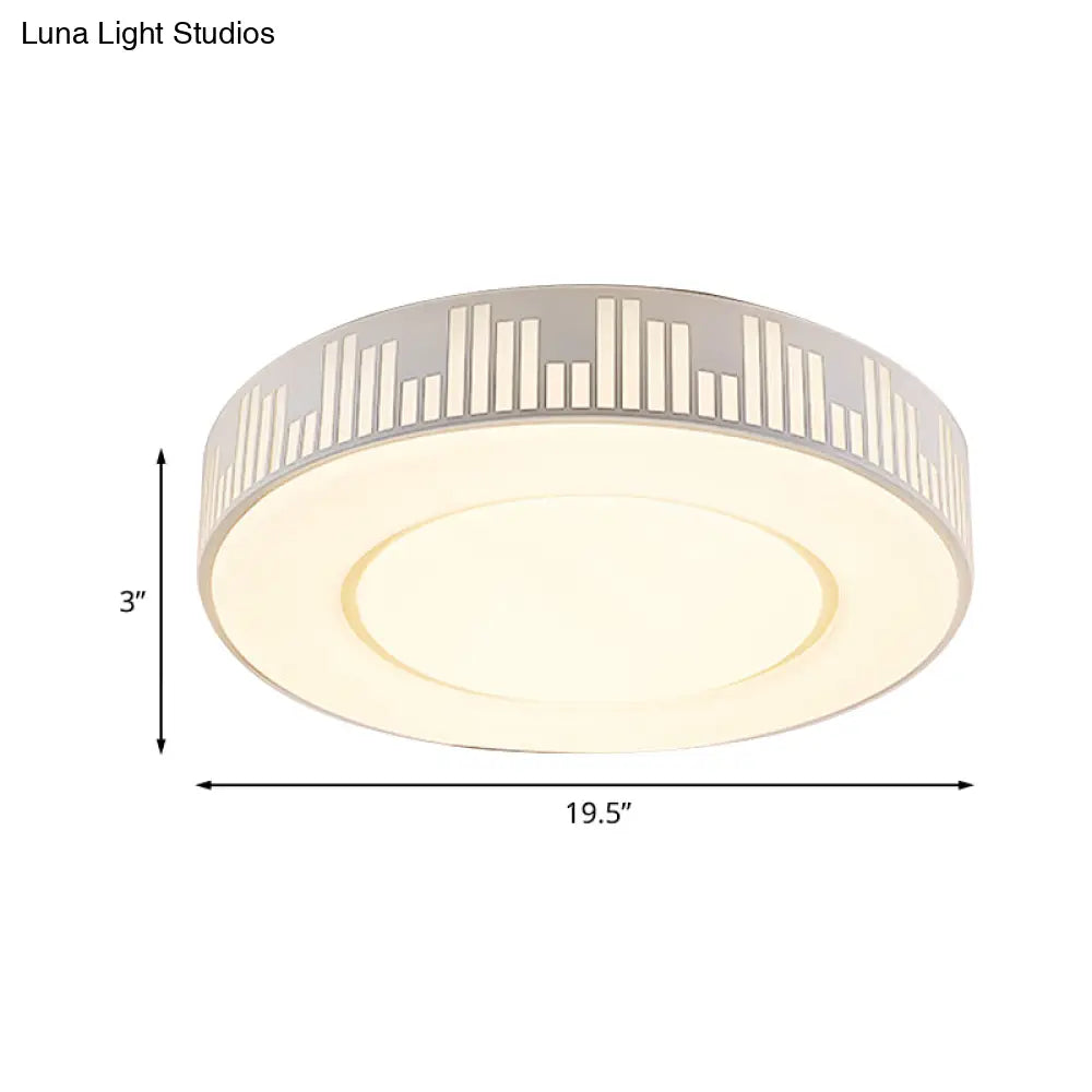 Modern Led Iron Flush Light Fixture - White Drum Ceiling Mount With Piano Key Pattern In