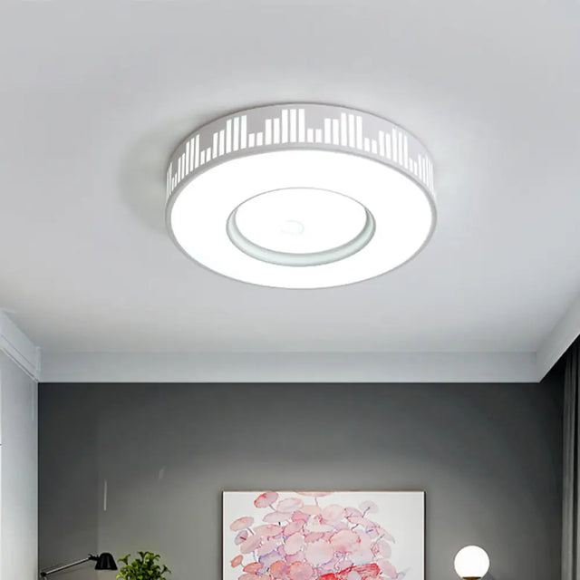 Modern Led Iron Flush Light Fixture - White Drum Ceiling Mount With Piano Key Pattern In
