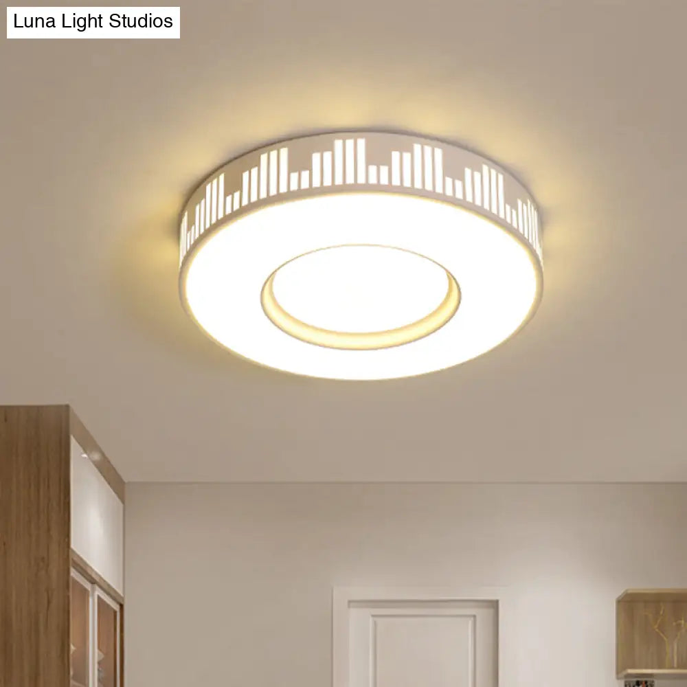Modern Led Iron Flush Light Fixture - White Drum Ceiling Mount With Piano Key Pattern In