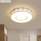 Modern Led Iron Flush Light Fixture - White Drum Ceiling Mount With Piano Key Pattern In