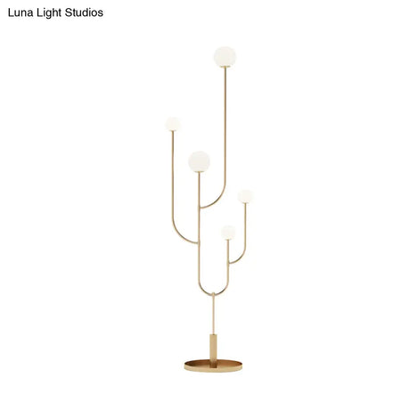 Modern Led Macaron Cactus Floor Reading Lamp With Opal Glass Shade In Brass