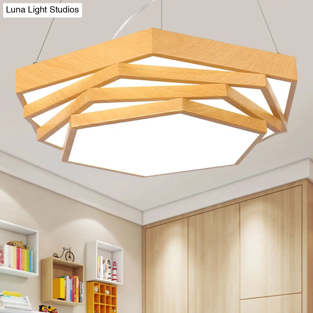 Modern Led Office Chandelier With Hexagonal Spiral Design - Light Wood Finish / White