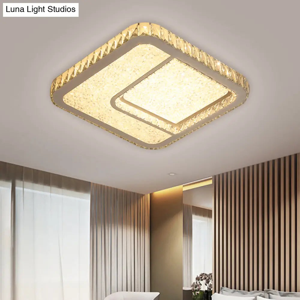 Modern Led Parlor Flushmount Ceiling Fixture With Square Crystal Shade - Chrome Finish In