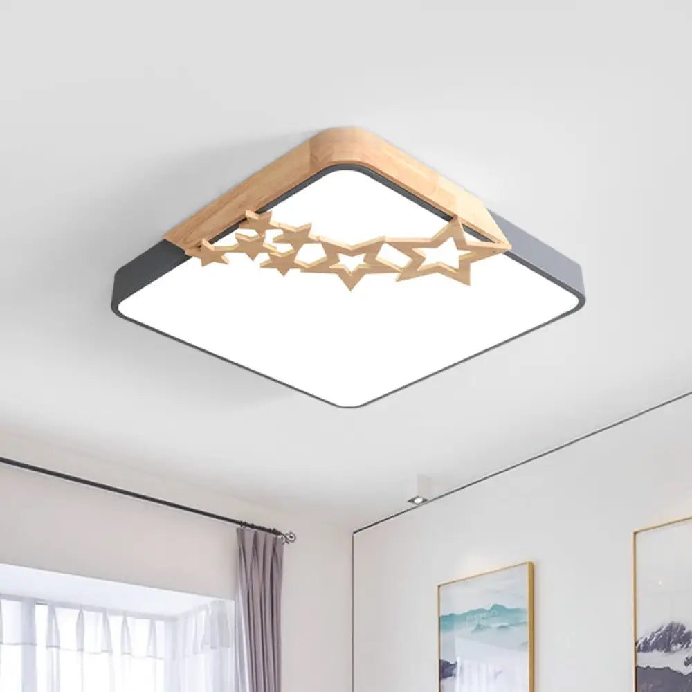 Modern Led Square Acrylic Flush Mount Lamp With Grey/White Ceiling Light Fixture And Wooden Star
