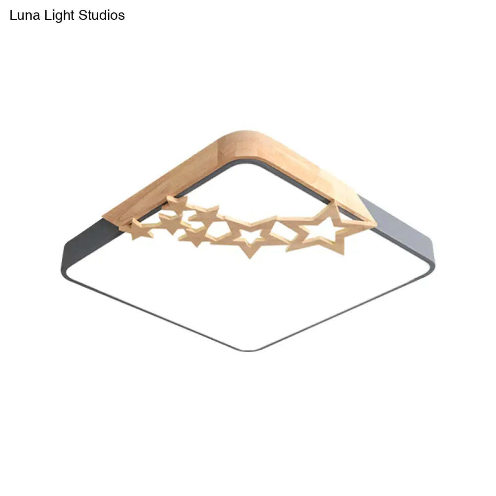 Modern Led Square Acrylic Flush Mount Lamp With Grey/White Ceiling Light Fixture And Wooden Star