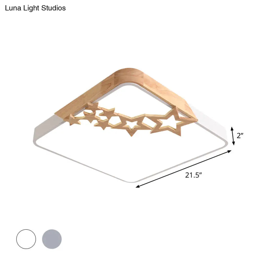 Modern Led Square Acrylic Flush Mount Lamp With Grey/White Ceiling Light Fixture And Wooden Star