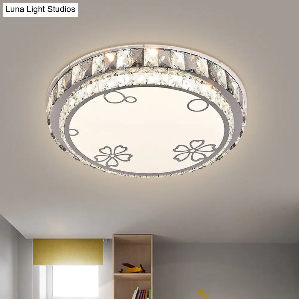 Modern Led Stainless-Steel Flushmount Light Fixture With Clear Faceted Crystal Blocks And