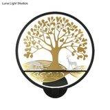 Modern Led Tree Wall Lamp-Metal Mounted Black/White Bedside Mural Light With Warm/White Glow