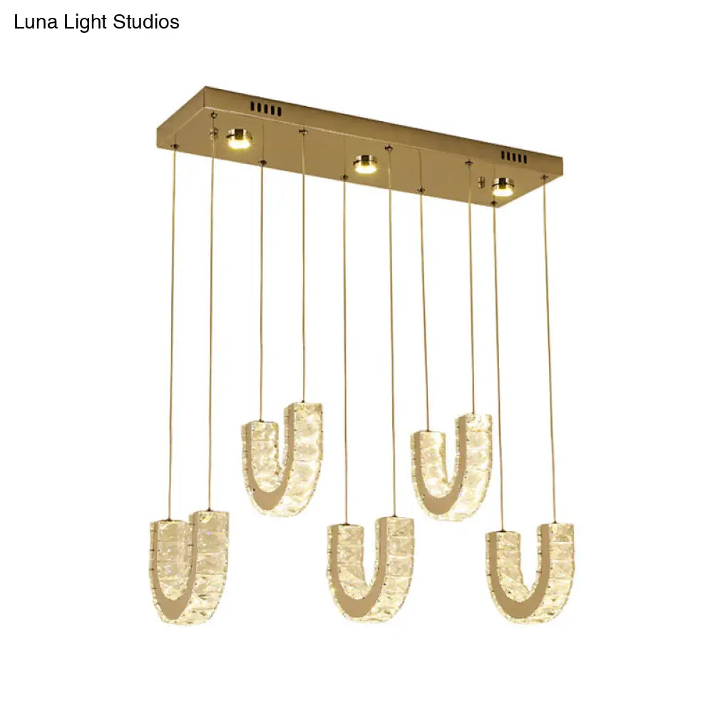 Modern Led U-Shape Pendant Lamp With Clear Crystals And Stainless Steel Finish