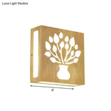 Modern Led Wood Square Wall Sconce: Beige Bedside Light With Cute Pattern