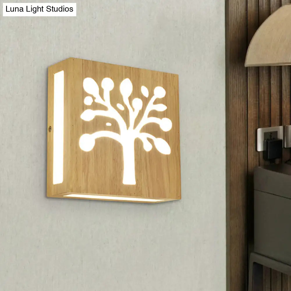 Modern Led Wood Square Wall Sconce: Beige Bedside Light With Cute Pattern