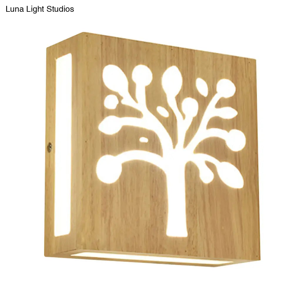 Modern Led Wood Square Wall Sconce: Beige Bedside Light With Cute Pattern