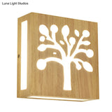 Modern Led Wood Square Wall Sconce: Beige Bedside Light With Cute Pattern