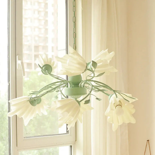 Modern Metal 9-Bulb Green Flower Chandelier Pendant Light For Living Room