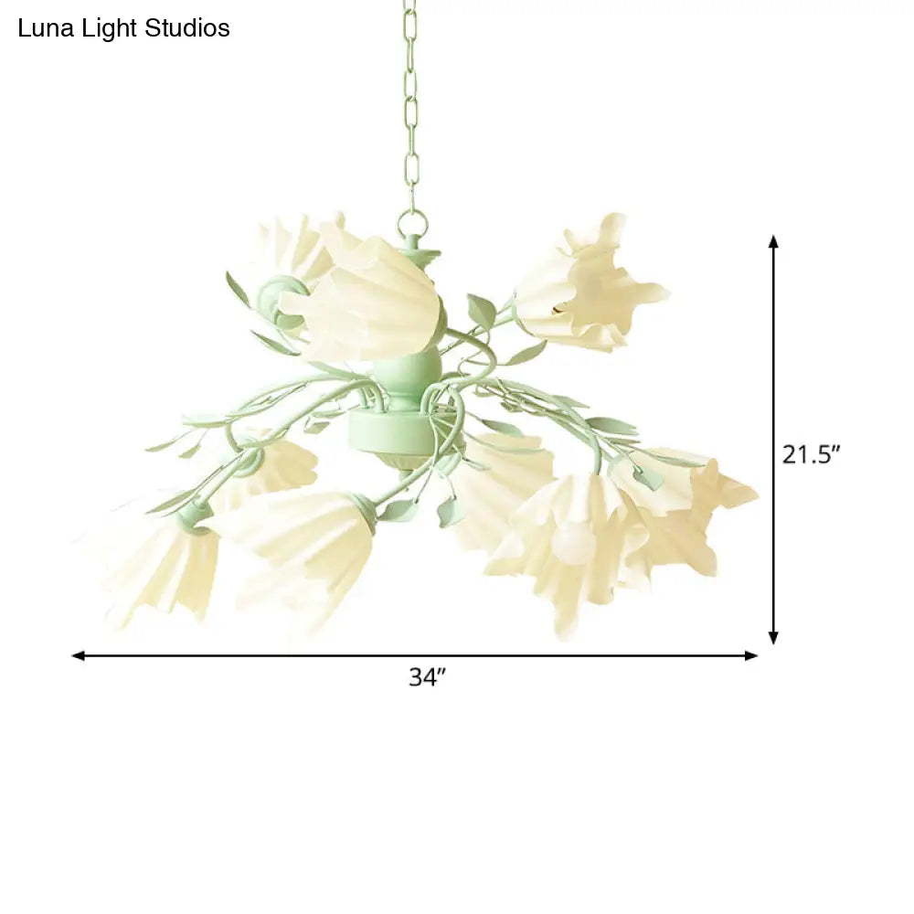 Modern Metal 9-Bulb Green Flower Chandelier Pendant Light For Living Room
