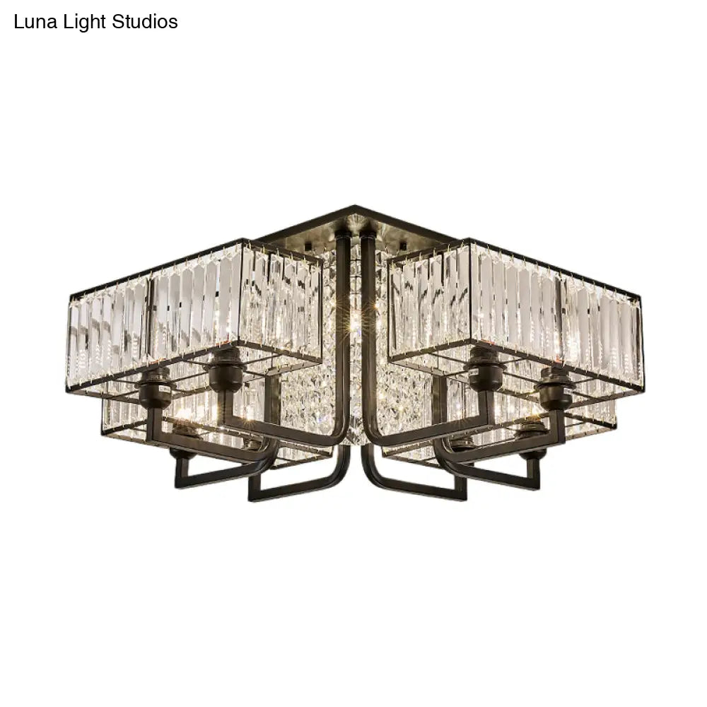 Modern Metal And Clear Crystal Semi Flush Light - Black Cubic Ceiling Mounted Fixture