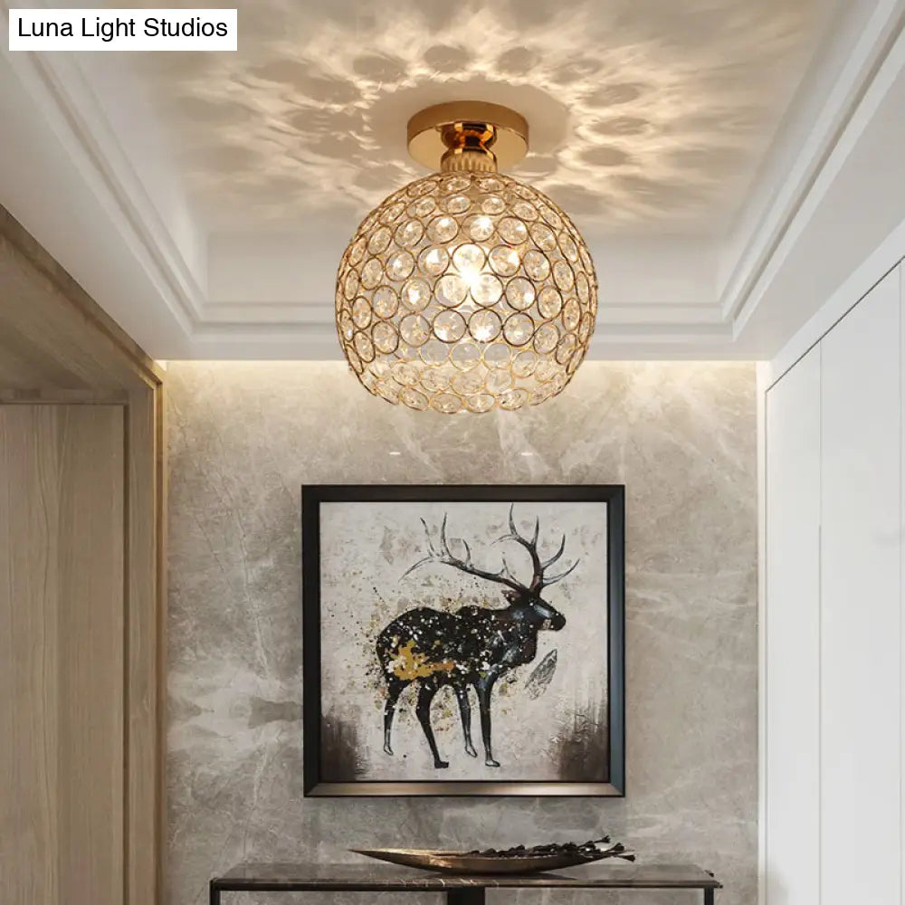 Modern Metal And Crystal Dome Ceiling Fixture - Gold Semi Flush Mount Light For Hallway