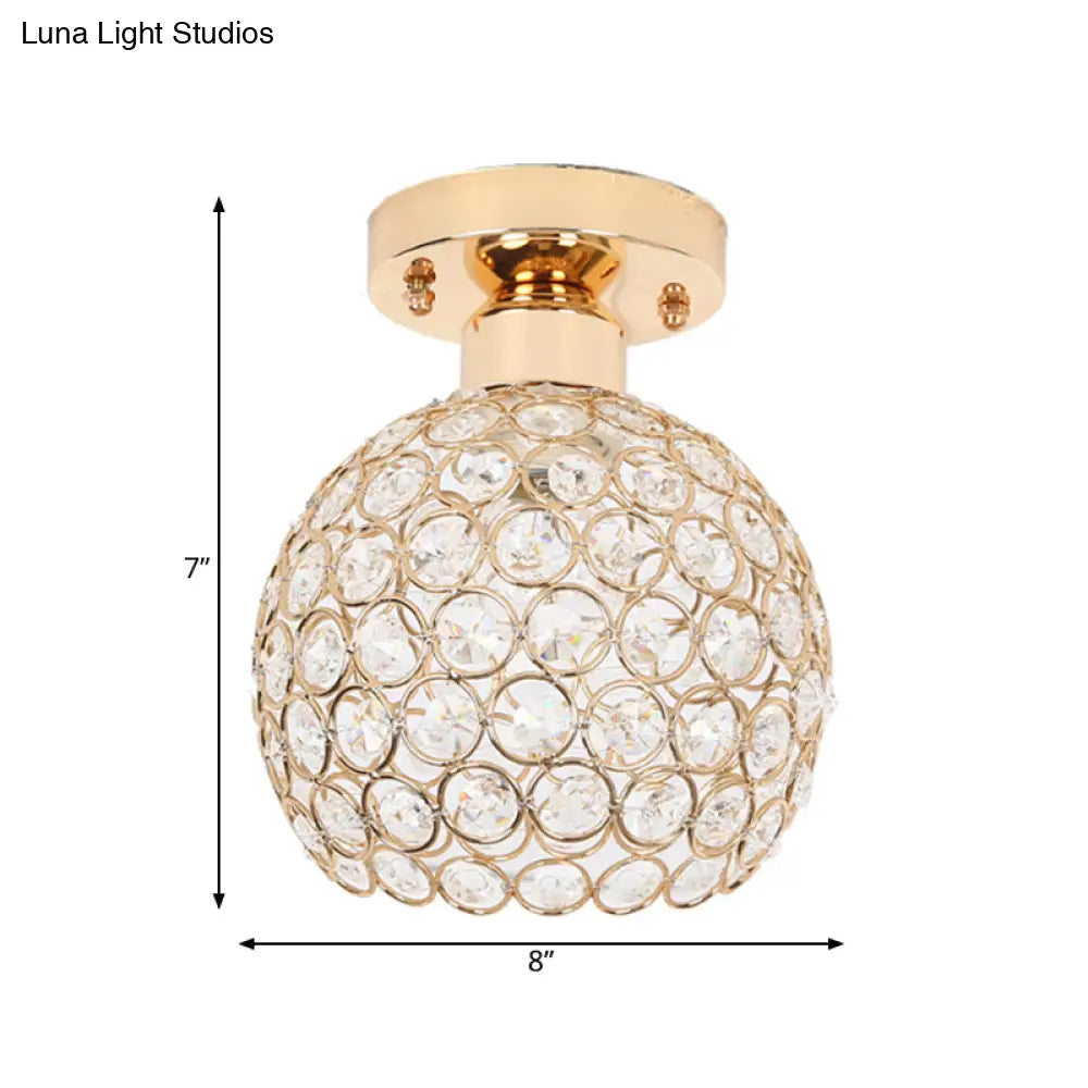 Modern Metal And Crystal Dome Ceiling Fixture - Gold Semi Flush Mount Light For Hallway