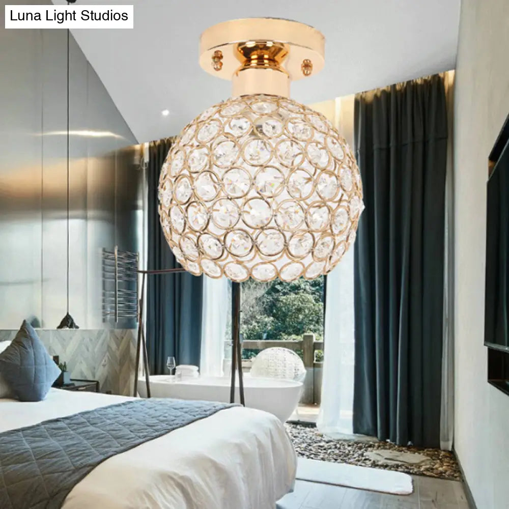 Modern Metal And Crystal Dome Ceiling Fixture - Gold Semi Flush Mount Light For Hallway