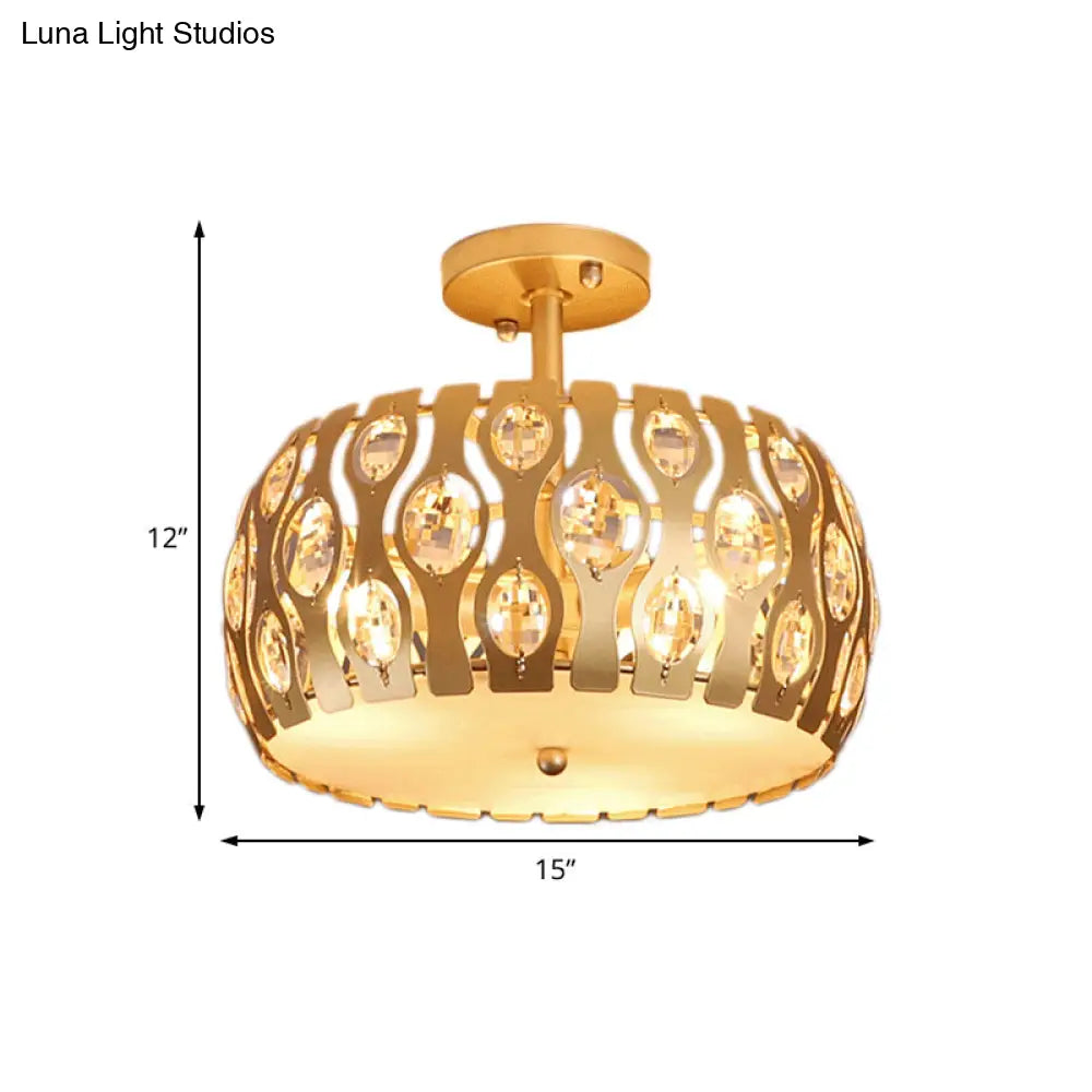 Modern Metal And Crystal Drum Semi Flush Mount With 3 Lights In Gold Finish