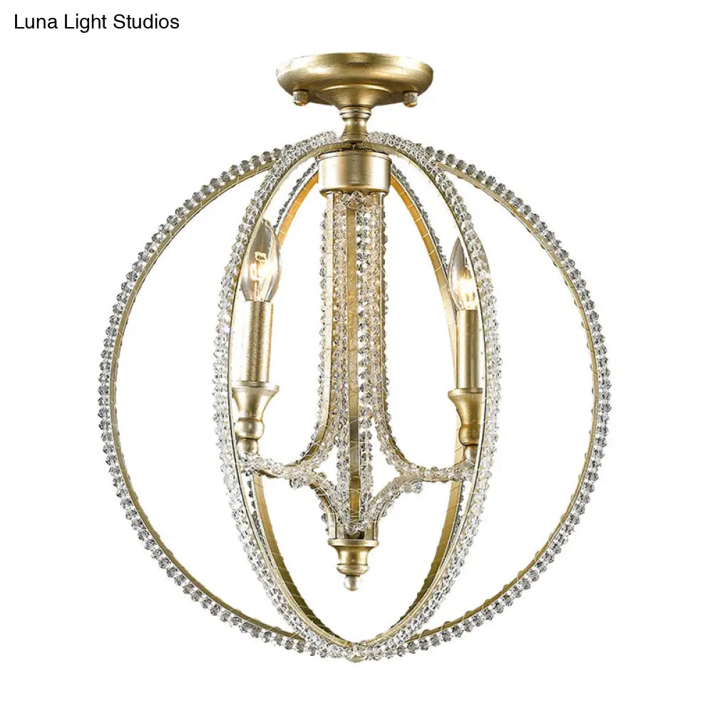 Modern Metal And Crystal Gold Semi Flush Mount Ceiling Light With 3 Orb Frame Lights