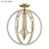Modern Metal And Crystal Gold Semi Flush Mount Ceiling Light With 3 Orb Frame Lights