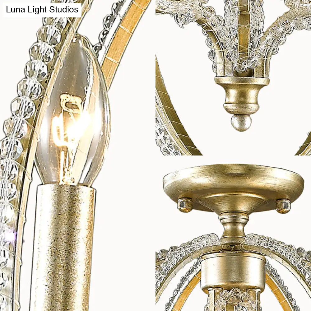 Modern Metal And Crystal Gold Semi Flush Mount Ceiling Light With 3 Orb Frame Lights