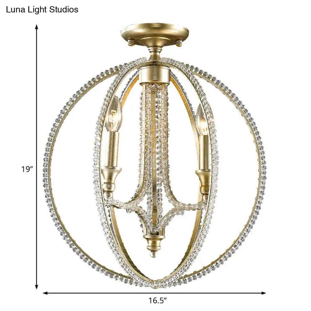 Modern Metal And Crystal Gold Semi Flush Mount Ceiling Light With 3 Orb Frame Lights
