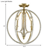 Modern Metal And Crystal Gold Semi Flush Mount Ceiling Light With 3 Orb Frame Lights