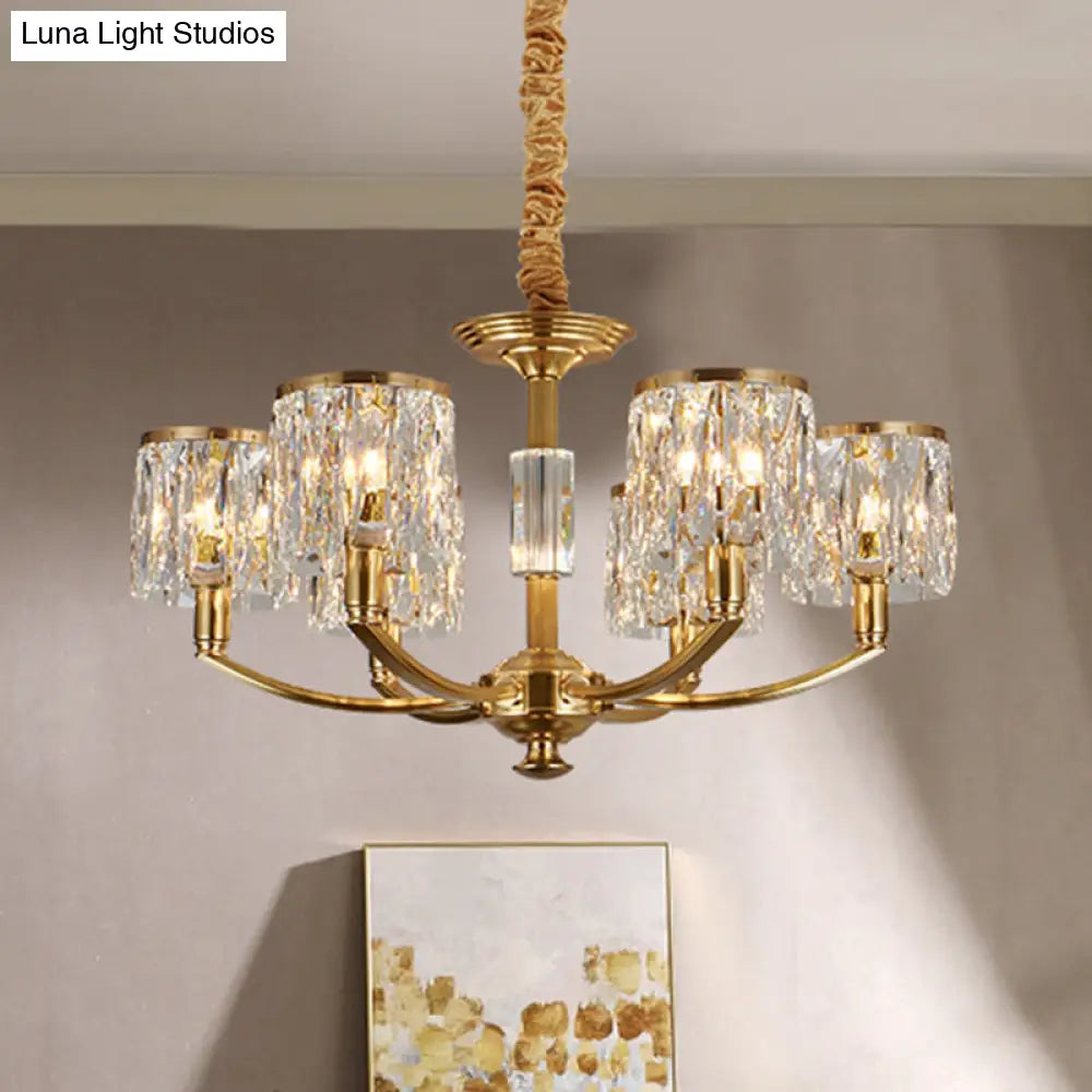 Modern Metal Chandelier With Brass Arced Arm And Prismatic Crystal Shade