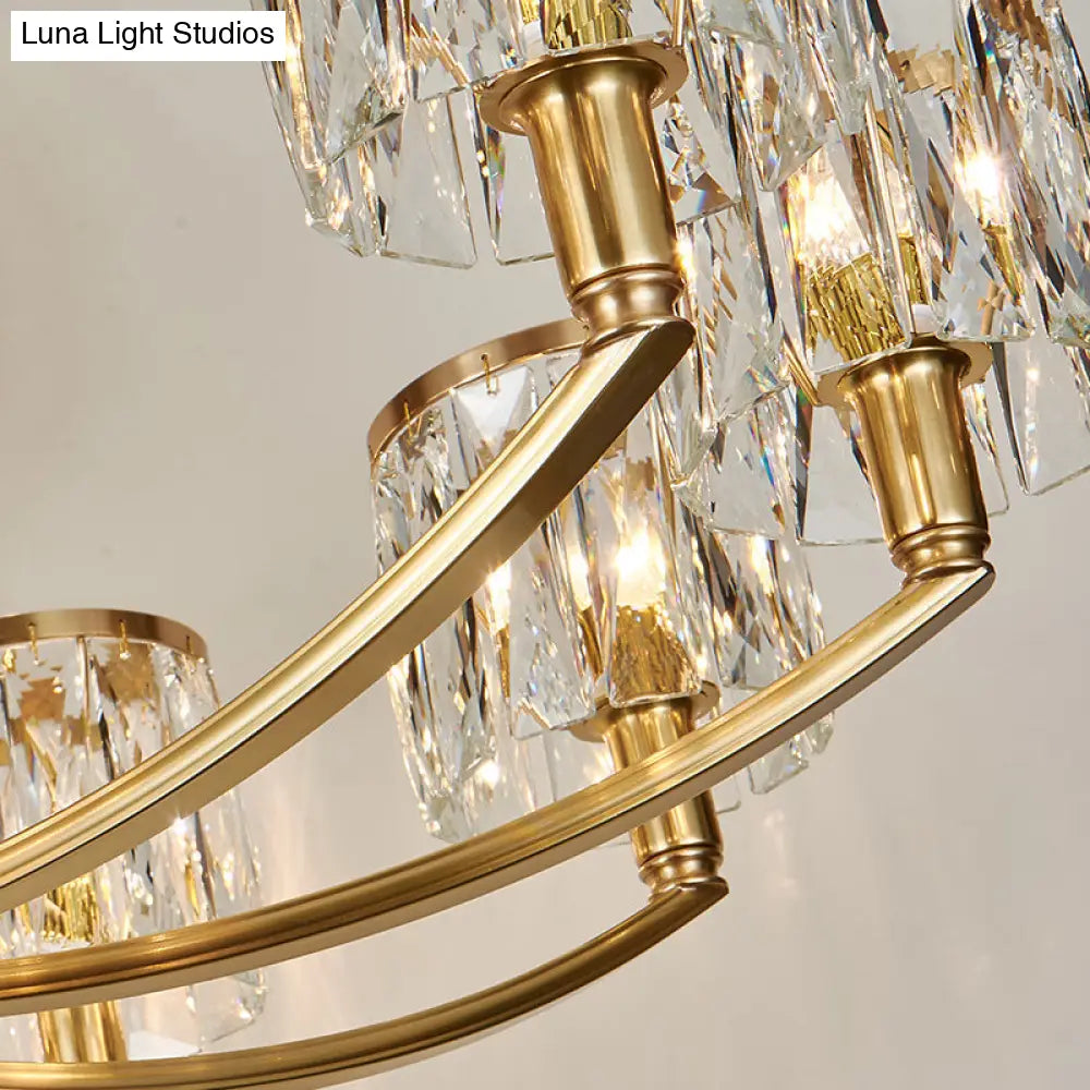 Modern Metal Chandelier With Brass Arced Arm And Prismatic Crystal Shade