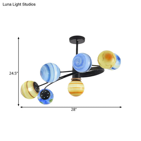 Modern Metal Chandelier With Handblown Glass Shades - 7-Light Semi-Flush Ceiling Light In Black