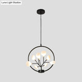 Modern Metal Circle Hanging Ceiling Light - 9 Bulbs Chandelier With Firefly Design