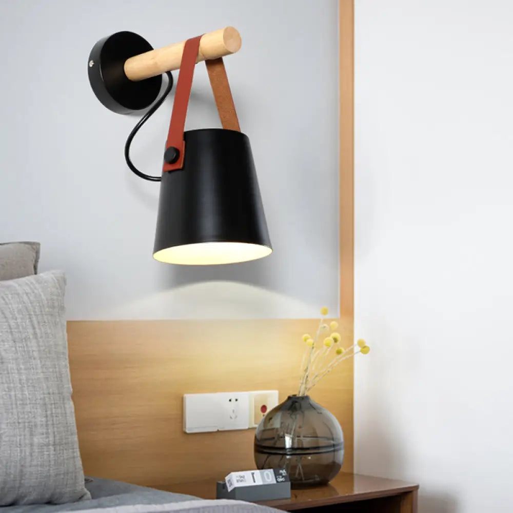 Modern Metal Cone Sconce Light With Wood Arm - White/Black Wall Fixture Black