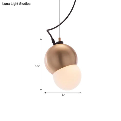 Modern Metal Dome Hanging Pendant Light With Golden Frame And White Glass Shade
