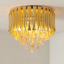 Modern Metal Drum Ceiling Light Fixture With Crystal Block Drop - Brass Flush Mount 5 Lights
