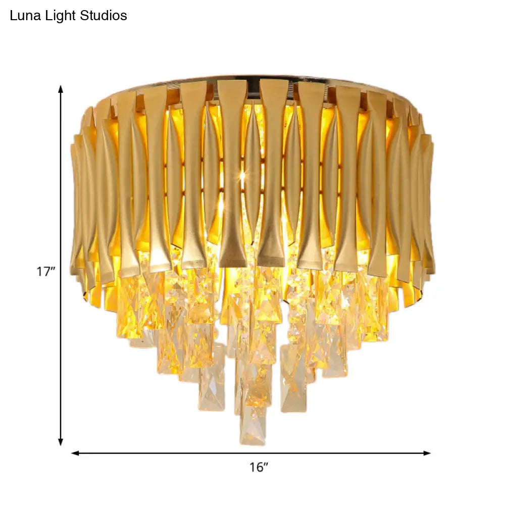 Modern Metal Drum Ceiling Light Fixture With Crystal Block Drop - Brass Flush Mount 5 Lights