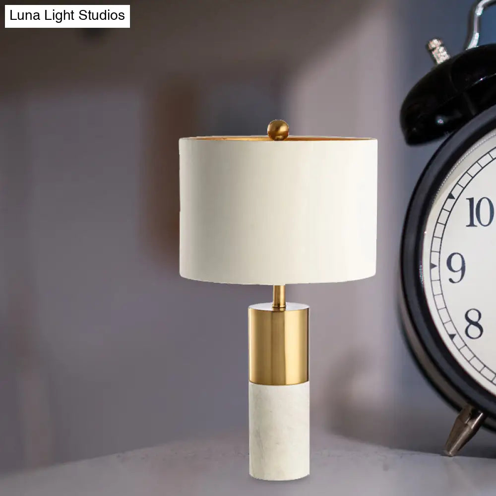 Modern Metal Drum Shade Table Lamp With Marble Base - White Light For Bedroom