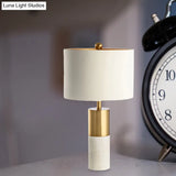 Modern Metal Drum Shade Table Lamp With Marble Base - White Light For Bedroom
