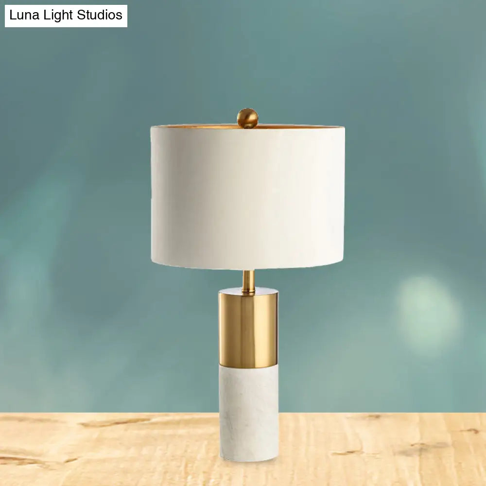 Modern Metal Drum Shade Table Lamp With Marble Base - White Light For Bedroom