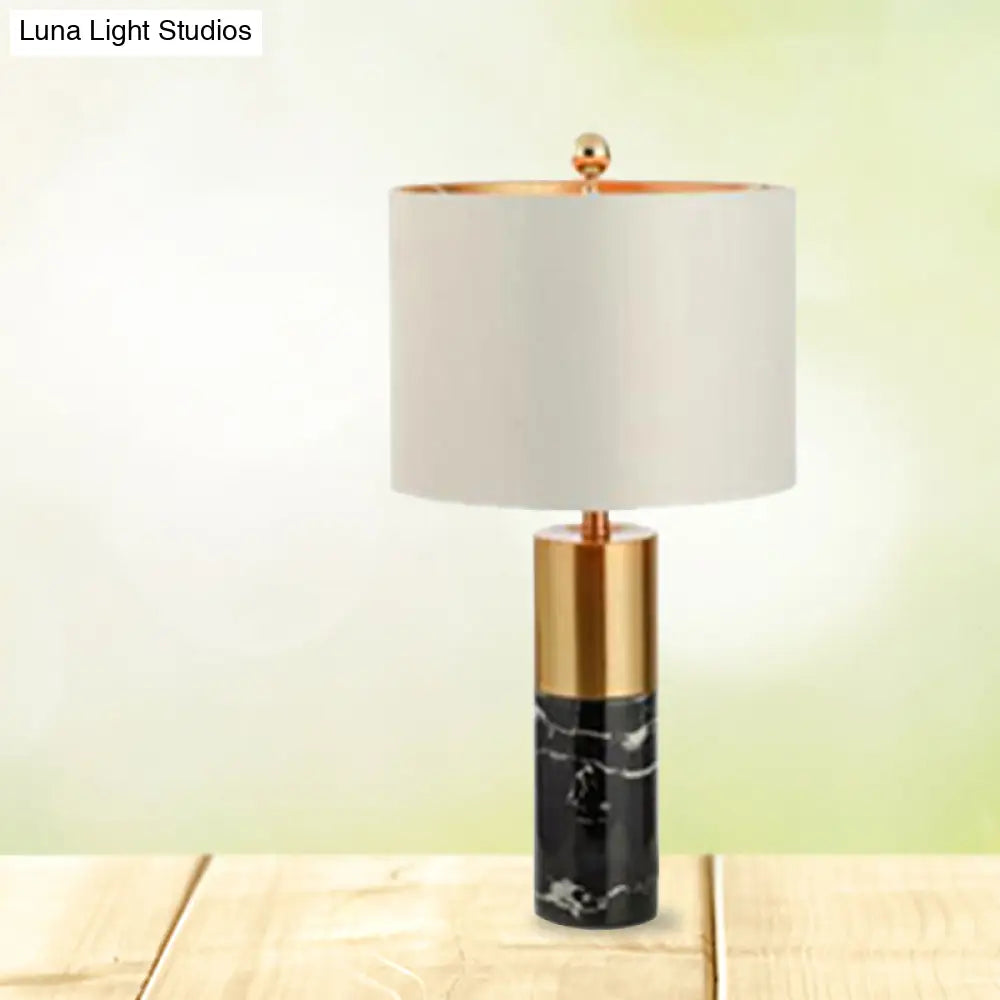 Modern Metal Drum Shade Table Lamp With Marble Base - White Light For Bedroom