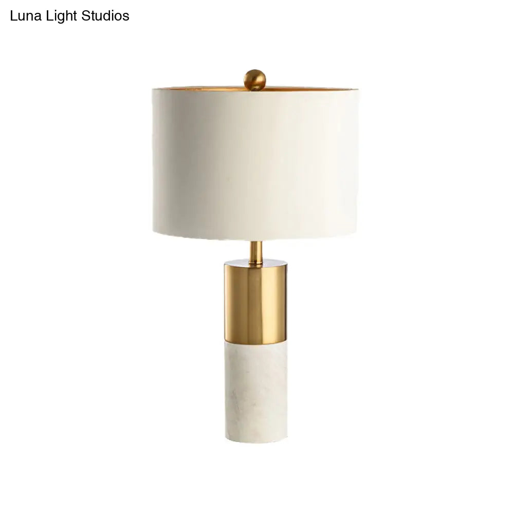 Modern Metal Drum Shade Table Lamp With Marble Base - White Light For Bedroom