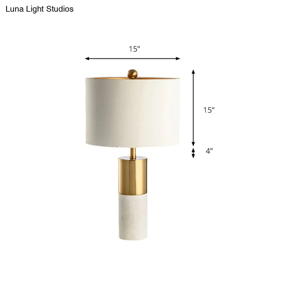 Modern Metal Drum Shade Table Lamp With Marble Base - White Light For Bedroom