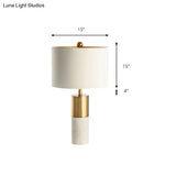 Modern Metal Drum Shade Table Lamp With Marble Base - White Light For Bedroom