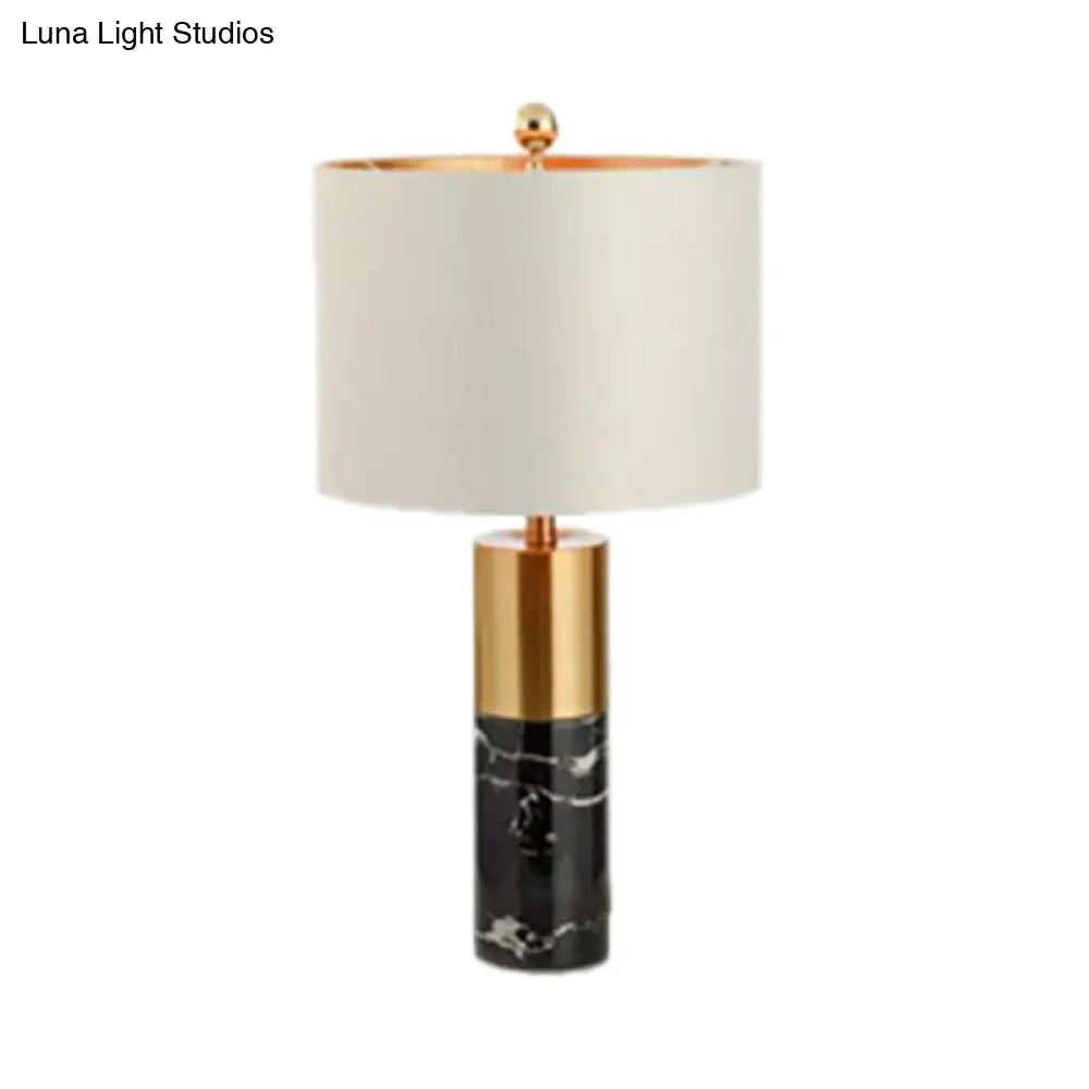 Modern Metal Drum Shade Table Lamp With Marble Base - White Light For Bedroom