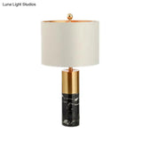Modern Metal Drum Shade Table Lamp With Marble Base - White Light For Bedroom