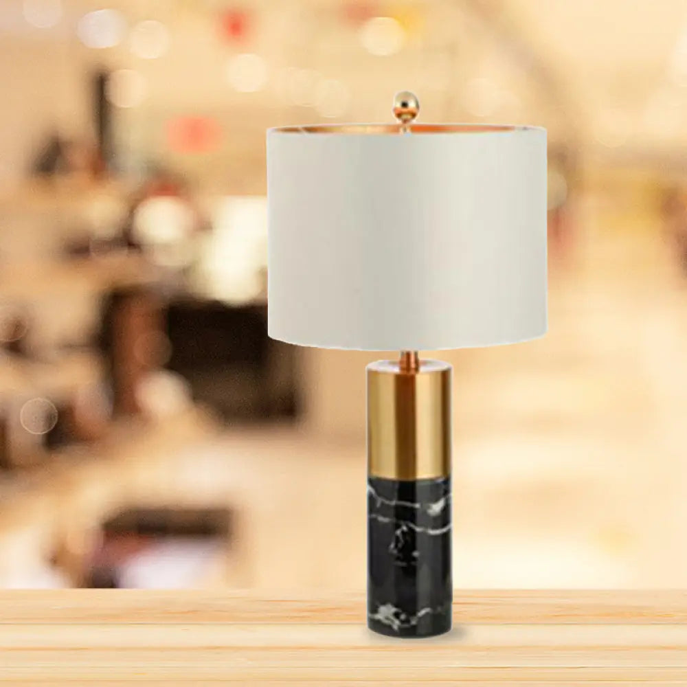 Modern Metal Drum Shade Table Lamp With Marble Base - White Light For Bedroom / A