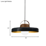 Modern Metal Flat Ceiling Light - 1 Head Black Down Lighting Pendant With Wooden Cap
