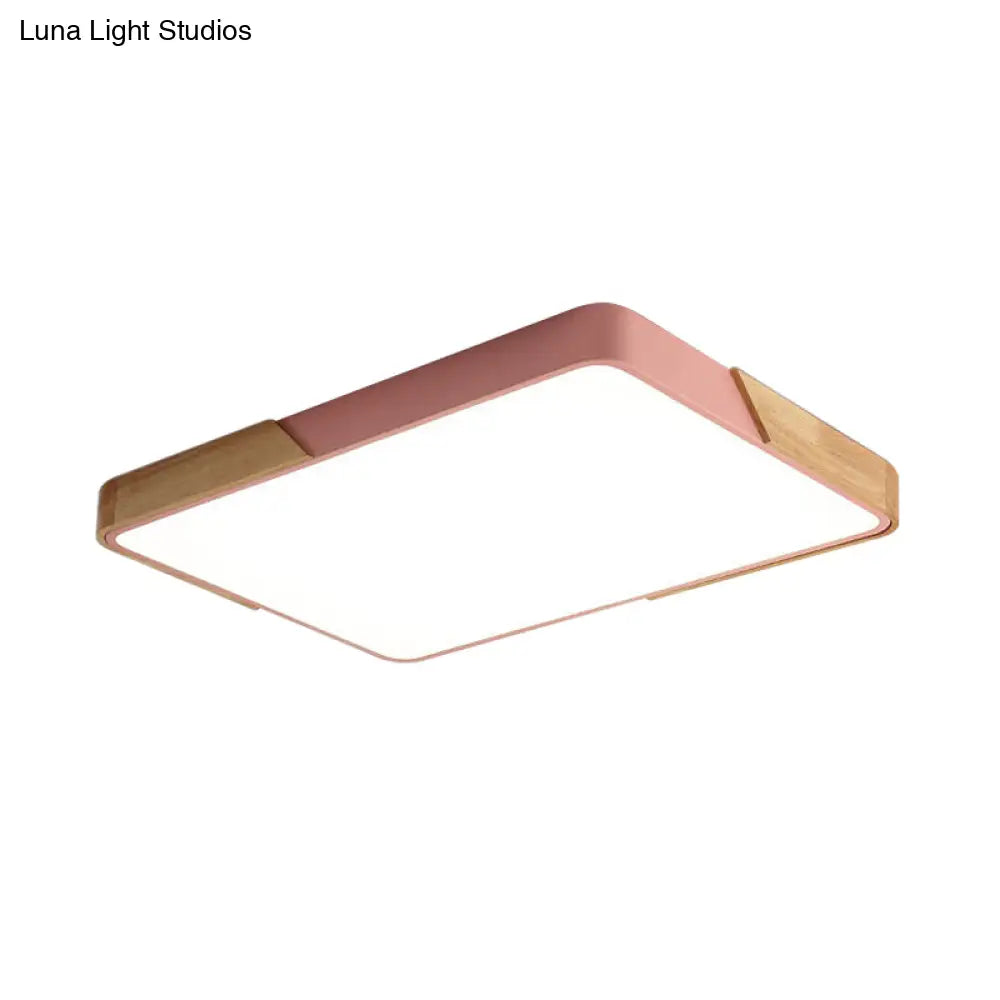 Modern Metal Flush Light: Rectangle Macaron Led Ceiling Fixture (White/Pink) With Acrylic Diffuser