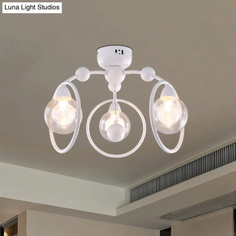 Modern Metal Glass Shade 3 - Light Semi Flush Mount Ceiling Fixture For Dining Room - White